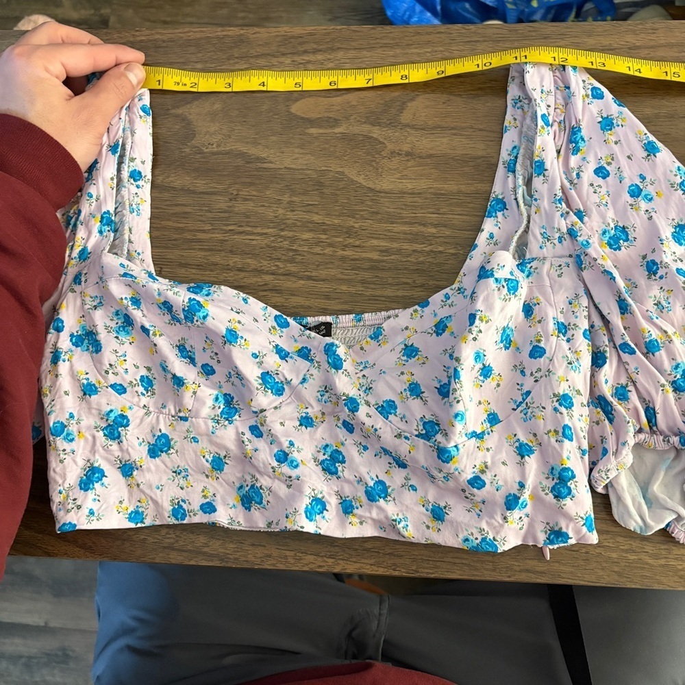 Zara Pink Blue Floral Print Corset Bustier Crop Top Puff Sleeves L - Picture 7 of 9